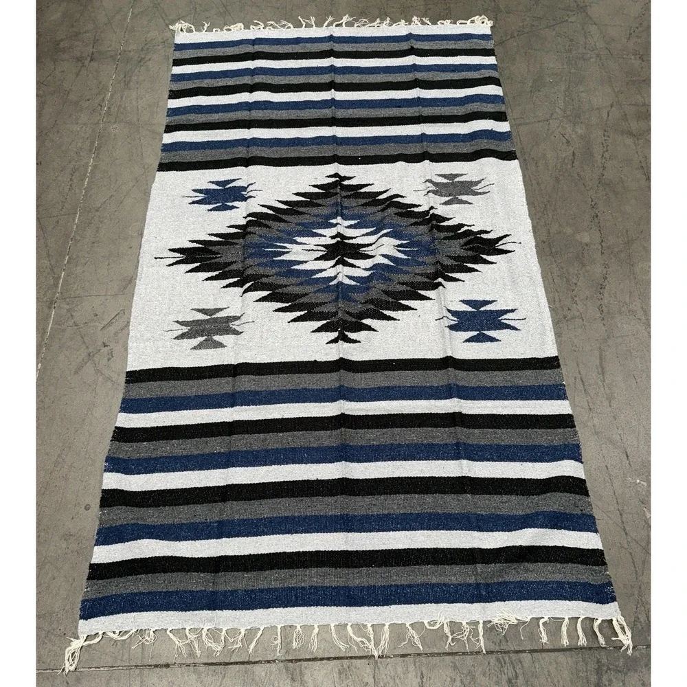 AUTHENTIC Mexican DIAMANTE Blanket Throw Yoga Mat Multi Gray Navy Blue‎
